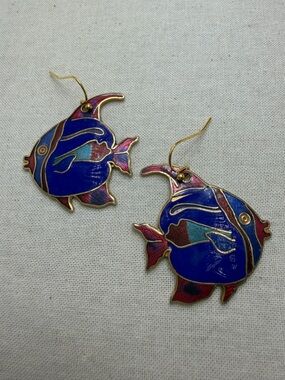Vintage Cloisonné  Blue Enamel Fish Earrings - Colorful Tropical Design